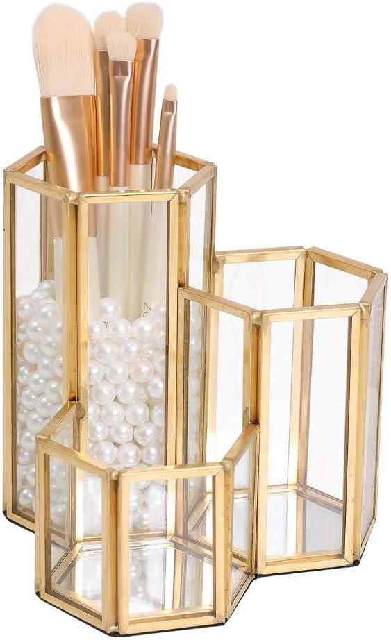 K COOL Decorative Makeup Brush Holder Pen Pencil Holder for Desk Organizer Gold Glass Cosmetic Display Cases Pot for Women Girls (3 slot,hexagon,gold)