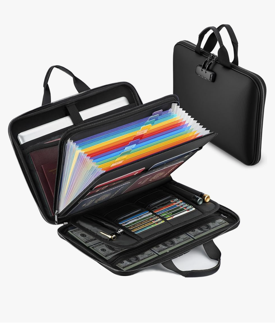 Fireproof Document Box with Combination Lock, Hard-Shell Fireproof File Organizer for Legal Documents, Laptop, Valuables & Important Papers, 13-Pocket Accordion File Folder