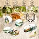 2 x Forest Pattern Coasters Set of 6 with Holder and Cork Base-4in Absorbent Ceramics Coaster for Tabletop Protection Drink Coasters - Coffee Table, Home Decor-Housewarming Gifts for New Home