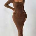 Narecte Sweater Dresses for Women 2025 Midi Winter Dress Square Neck Bodycon Dresses Long Sleeve Casual Dress Mocha Brown L
