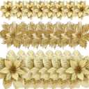 GREENTIME 24 Pcs Glitter Poinsettia Golden Artificial Flowers Christmas with Clips Stems Xmas Tree Ornaments for New Year Party Stairs Fireplace Porch Balcony Garden Church Wreath Decoration