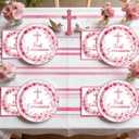 First Communion Decorations Cross Floral Paper Plates and Napkins Set, 9 Inch Disposable Baptism Plates and Napkins, Christening Decorations Primera Comunion Decoracion Party Supplies