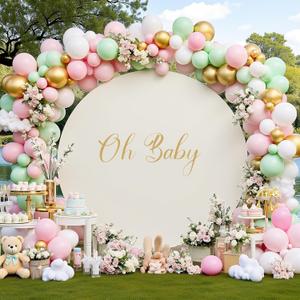 7.2FT Ivory Round Backdrop Cover for 5-7.2ft Circle Arch Stand with Oh Baby Decal Sign - Thick Fitted Spandex Arch Backdrop Cover for Baby Shower, Wedding Arch, Birthday Party and Photography