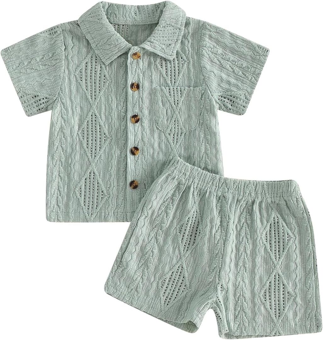 Thorn Tree Toddler Boy Outfit Button Down Shirt Short Sleeve Tops Elastic Waist Shorts Solid Baby Clothes Summer Outfits (Green, 2-3Y)