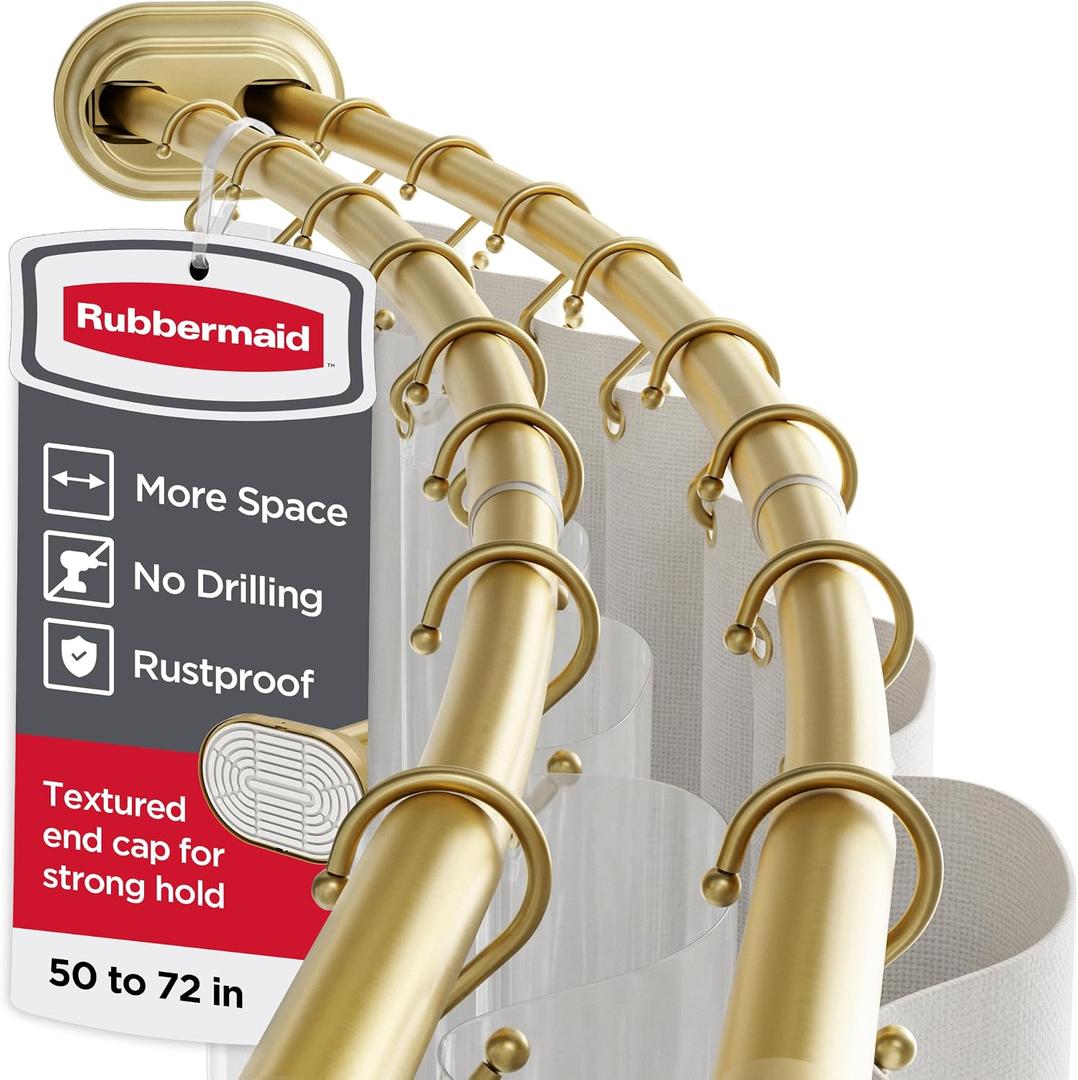 Rubbermaid Double Curved Shower Curtain Rod, No Drill, 50-72 Inches Adjustable Tension Shower Rod for Bathroom, Non-Slip, No Rust, Gold