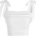 Milumia Women's Ruched Tie Shoulder Crop Cami Top Solid Sleeveless Fitted Tank Tops (Large, White)