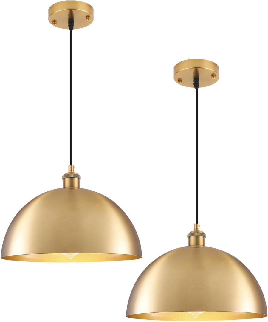 Gold Pendant Lights, 11.8" Farmhouse Pendant Light for Kitchen Island, Vintage Pendant Light Fixtures for Dining Room, Living Room, Bedroom, Dome Pendant Lighting, 2 Pack