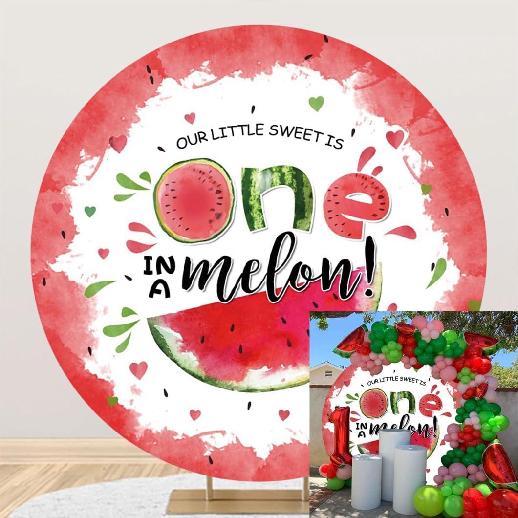 Laeacco 6.5x6.5ft Summer Watermelon Birthday Party Round Backdrop Baby Girl 1st Birthday Photo Background Princess One in a Melon Birthday Arch Backdrop Girls First Birthday Party Baby Shower Supplies (Red)