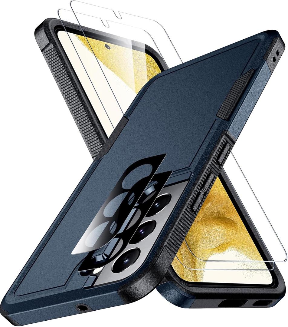 SPIDERCASE Designed for Samsung Galaxy S22 Case,[10 FT Military Grade Drop Protection],2 Pack [Tempered Glass Screen Protector+Camera Lens Protector] Heavy Duty Shockproof Case,Dark Blue