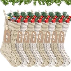 Jenaai 8 Set Christmas Stockings, 18 Inch Large Knitted Xmas Hanging Stocking Decorations with 8 Name Tags 1 Marker Double Sided Stockings for Christmas Decor Gifts (Red Green,Diamond)