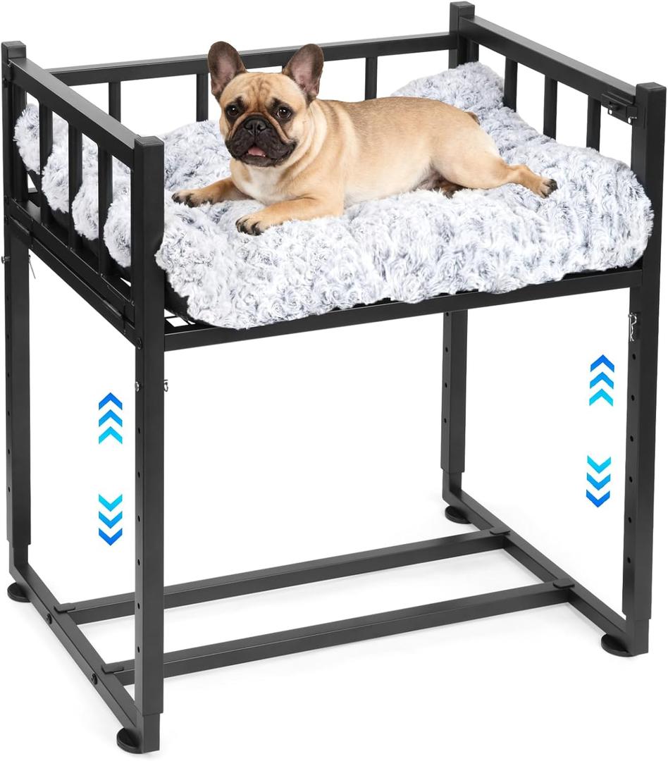 Beside Dog Bed and Mattress Set - Metal Three-Sided Fence Pet Dogs Bed Frame, Adjustable Height Dogs Bed Extension Attachment for Human Bed, for Small/Medium Puppy(25.5''L x 17.7''W)