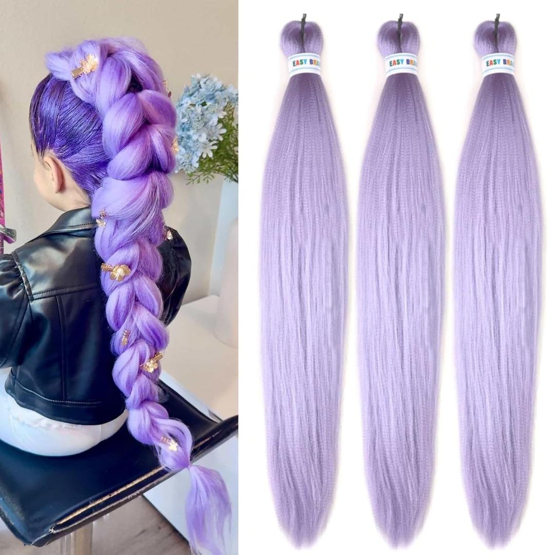 Light Purple Braiding Hair Pre Stretched Synthetic Yaki Ez braid Pre stretched Braiding hair (26 Inch(Packs of 3))