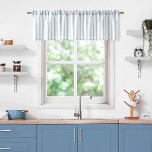 ZJDECOR Cotton Blended Kitchen Curtain Valances for Window, Blue Vertical Stripes on White Light Filtering Cafe Curtain for Home Decor, Farmhouse Window Treatment, Rod Pocket,55" Wx15 L(Pack of 1)