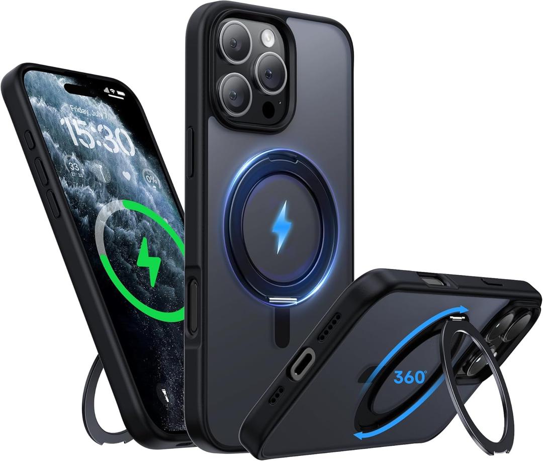 for iPhone 16 Pro Case 6.3-Inch with Magnetic 360 Ring Stand Compatible with MagSafe Frosted Matte Shockproof Protective Phone Cover 6.3" 2024, Black