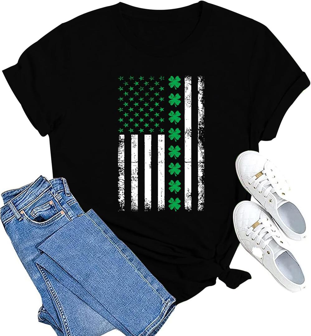 MAIHUN St Patricks Day Shirts Womens St. Paddys Day Shamrock Tshirt Green Clover Short Sleeve (Black, L)