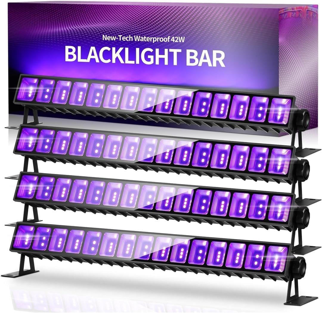 4 Pack 42W LED Black Light Bar, Waterproof Blacklight Flood Light with 6ft Cord+Plug+Switch, Light Up 24x24ft Area, for Halloween Glow Fluorescent Party Bedroom Game Room Body Paint Stage