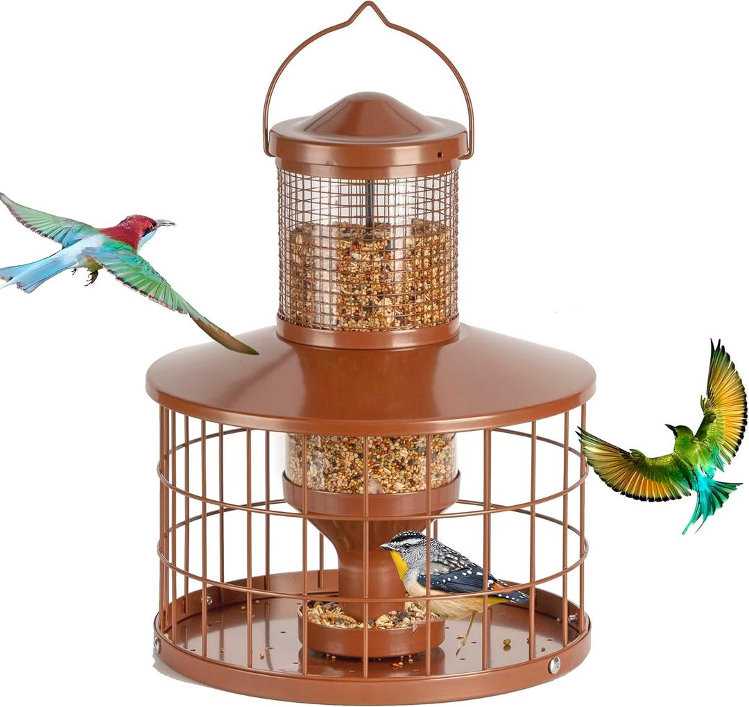 Caged Bird Feeders Squirrel-Proof, Metal, 2.8 Lbs Capacity-Cage Tube Seed Feeders with Tray Outdoor Hanging, Attract Birds,Detachable Cleaning, Starling Proof Wild Bird FeederBrown