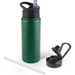 24 oz Insulated Water Bottle with Straw Lid & Wide Mouth Lids, Stainless Steel Sports Water Bottles, Double Walled Vacuum, Leak Proof, Dark Green