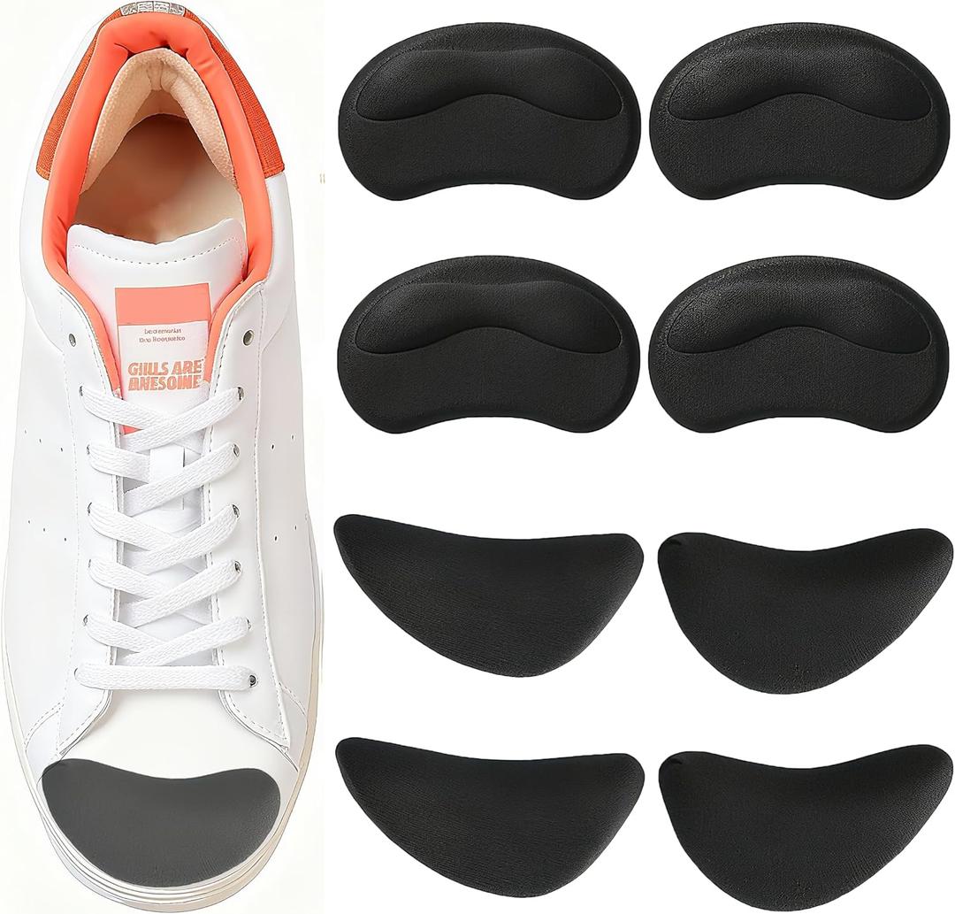 8 Pcs Shoe Fillers & Heel Pads for Loose or Too Big Shoes Toe Cushions & Heel Grips for Women and Men, Comfort Insoles for Heels, Sneakers, Boots Pain Relief & Better Fit(Black)