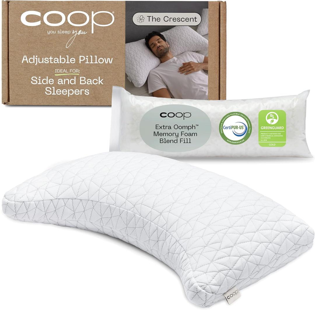 Coop Home Goods Original Crescent Adjustable Pillow, Queen Bed Pillows for Shoulder, Neck & Head Support, Crescent Foam Pillows - Medium Firm for Back & Side Sleeper, CertiPUR-US/GREENGUARD Gold (Queen, Crescent White)