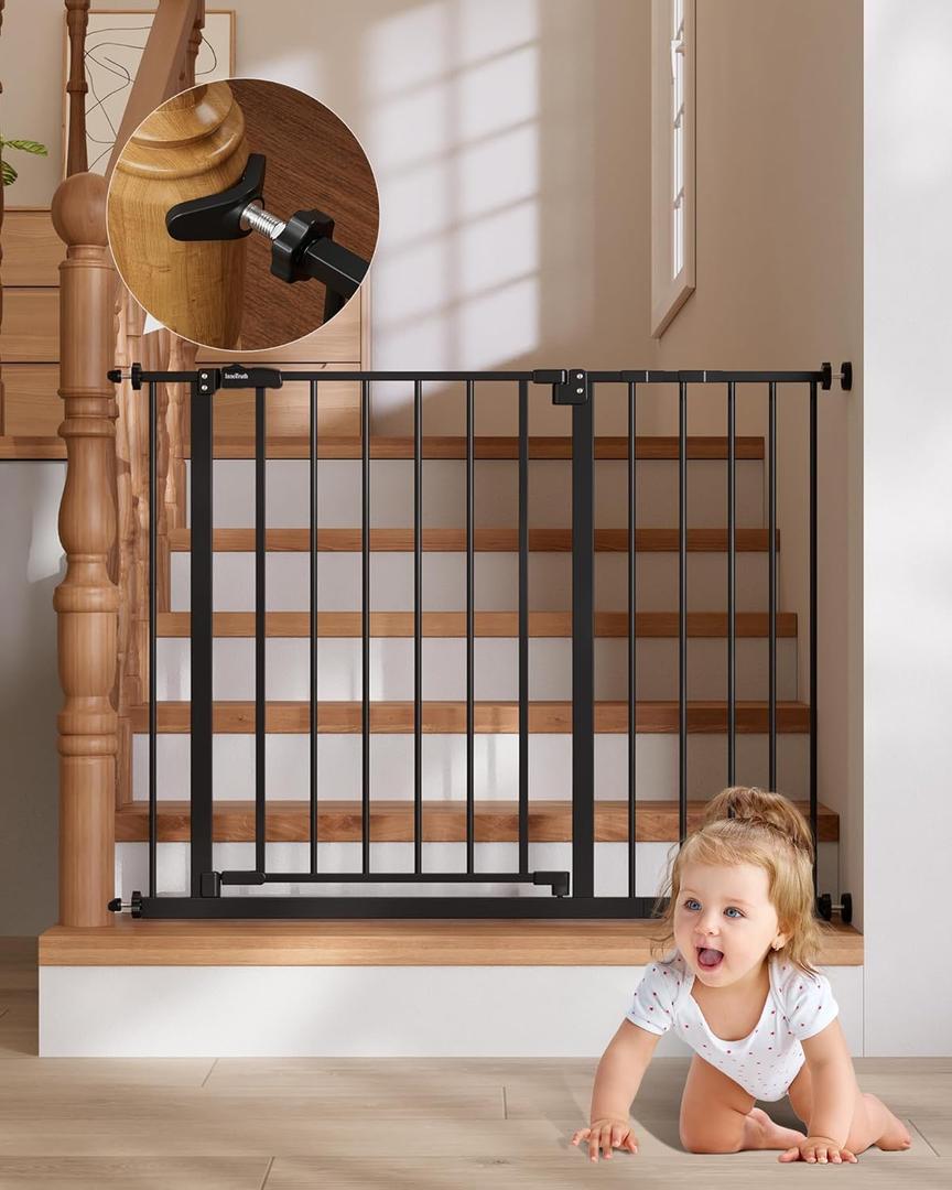 InnoTruth 28.9-42.1" Baby Gate for Stairs & Doorways, 30" Tall, Extra-Wide Dog Gate with 2-Way Swing, Easy Walk-Through & Dual Lock, Pressure Mount Child Safety Gate for Indoor Use  Black