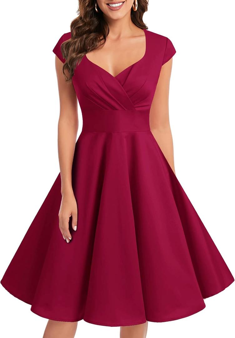 Bbonlinedress Women Short 1950s Retro Vintage Cocktail Party Swing Dresses Dark Red 2XL