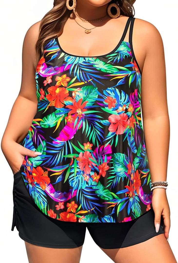 Plus Size Tankini Swimsuits - Women Two Piece Tankini Top with Shorts Flowy Swimsuit 2025 Bathing Suits (Black Floral) 20W Plus Size Tankini Swimsuits - Women Two Piece Tankini Top with Shorts Flowy Swimsuit 2025 Bathing Suits (Black Floral) 20W
