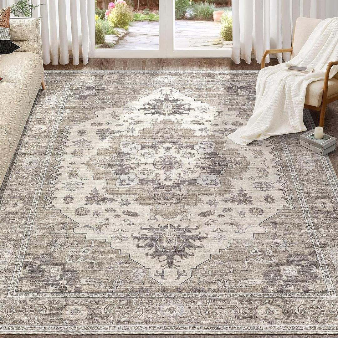 EIEIHOUSE Washable Area Rugs for Living Room -8x10 Neutral Vintage Distressed Floral Farmhouse Boho Large Soft Floor Rug Indoor Non Slip Carpet for Living Room Bedroom Dining Room Office-Brown/Beige