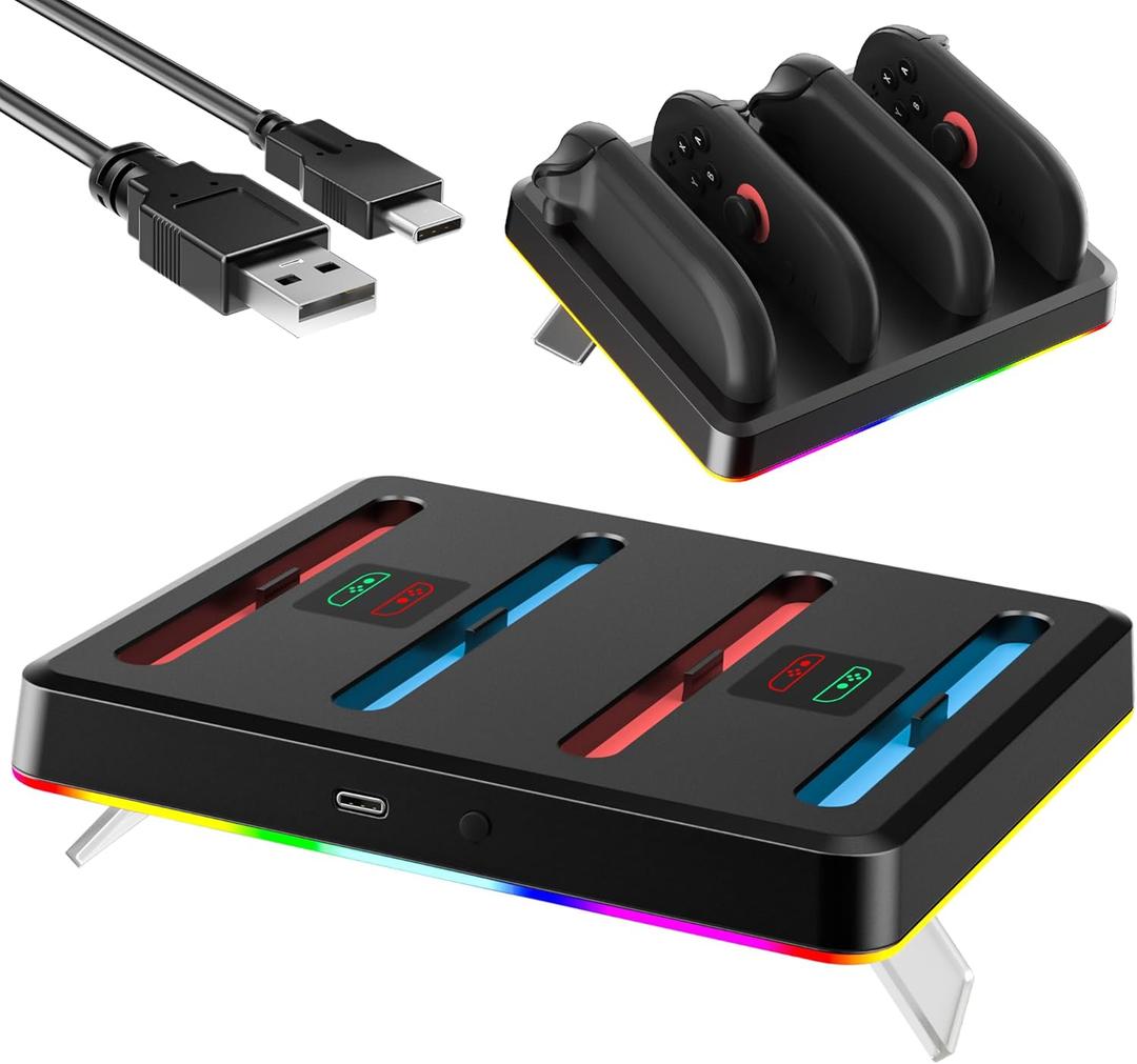 FUNDIARY Switch 2 Controller Grip Charger, [9 Lights Modes] 4 in 1 Charging Dock for Nintendo 2 Controllers, Fast Charge Station for Switch 2 Accessories Kits with USB Type-C Charging Cable, Black