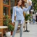 Fyralis Women's Dressy Long Sleeve Button Down Blouse with DIY Knot, Business Casual Lightweight Solid Shirt (US, Alpha, X-Large, Regular, Regular, Blue) (Blue, XL)