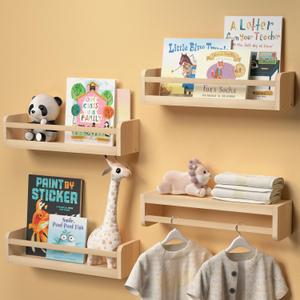 Dual-Guard Nursery Book Shelves Set of 4, Floating Shelves for Nursery Room Wall Decor, Wall Mount Kids Bookshelf for Baby Bedroom Storage, Toddler Toy Hanging Wall Organizer - Natural Wood