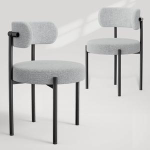 Boucle Dining Chairs Set of 2, Light Gray Mid Century Morden Chair with Curved Backrest, Round Upholstered Sherpa with Metal Legs, Suitable for Various Kitchen Styles