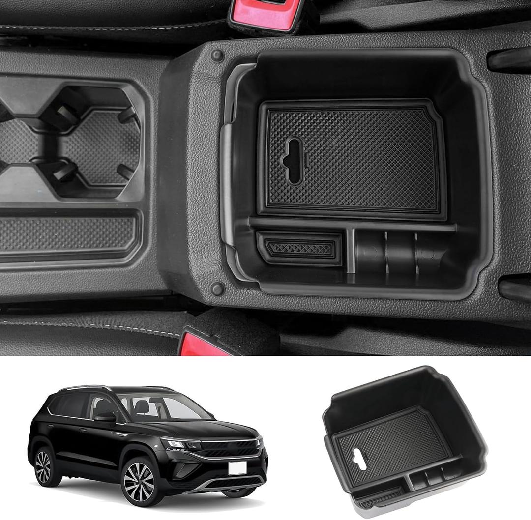 for 2024 2025 VW Taos Interior Accessories,2018-2025 Tiguan & 2022-2025 Taos Center Console Organizer Armrest Storage Box Armrest Organizer Insert Tray 2024 2025 Taos Console Organizer(Black-trim)