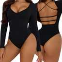 Women's Sexy Open Back Bodysuits Long Sleeve Shirts V Neck Tees Fitted Body Suits (Black)