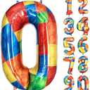 Pack of 4, 32 Inch Building Block Number 0 Balloons Foil Big Number Balloons for Birthday Party Baby Shower, Brick Themed | Colorful Block Balloons Party Supplies Decor for Kids
