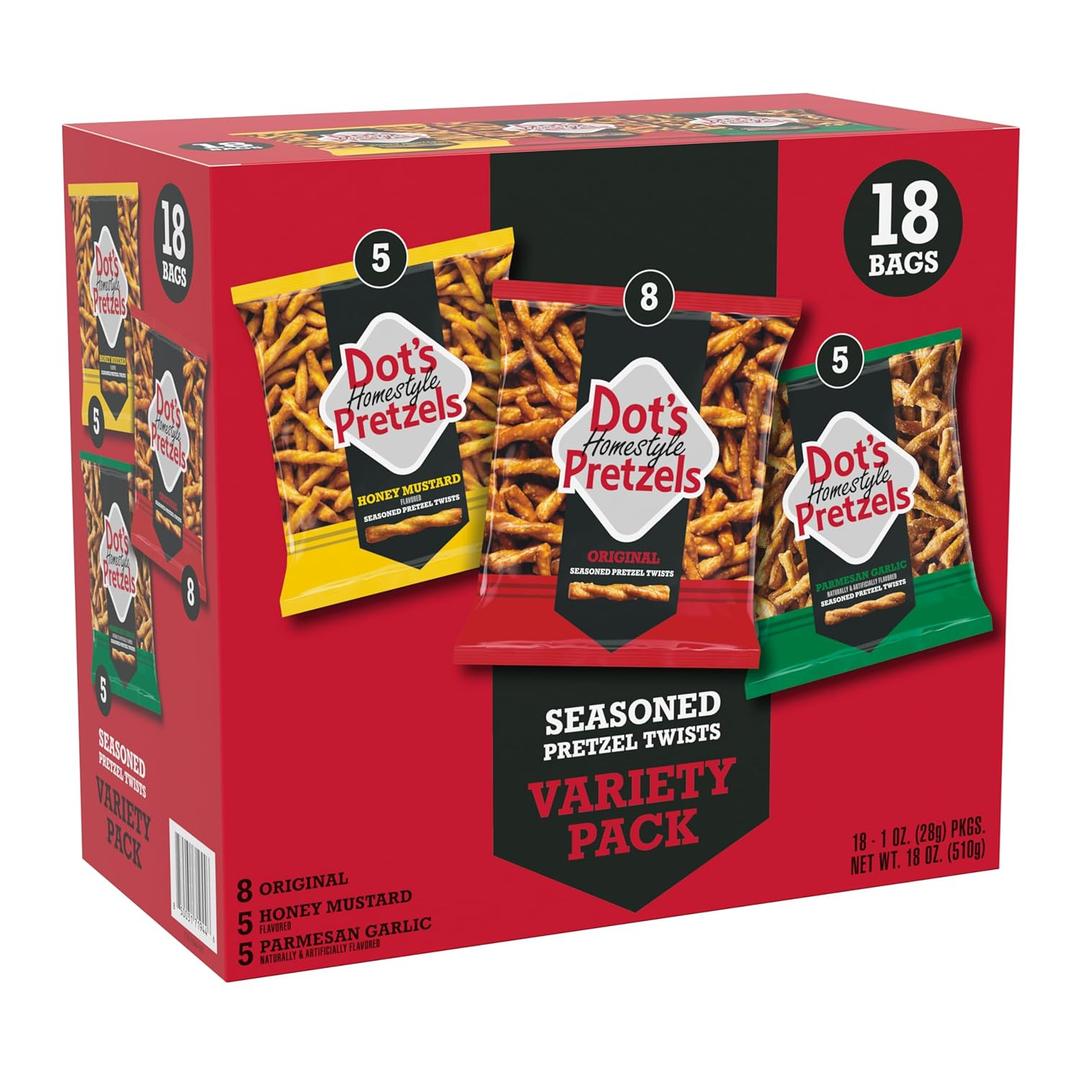 Dot's Homestyle Pretzels Variety Pack, Original, Honey Mustard, and Parmesan Garlic Twist Snack, 1oz Individually Sized Bags (18 Count) (EXP 11/21/26)