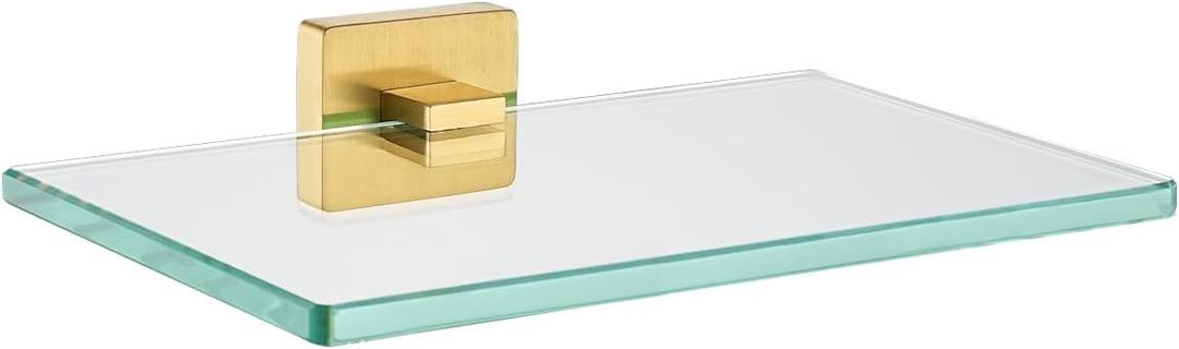 JQK Bathroom Glass Shelf Gold, Tempered Glass Shower Storage 8 by 5 inches, 304 Stainless Steel Brushed Gold Wall Mount, TGS201L8-BG