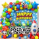 Winrayk 154Pcs Toy Inspired Story Birthday Party Decorations Supplies for Kids Teen, Balloon Arch with Backdrop Tablecloth Cow Print Balloons Star Rocket, Cartoon Game Girls Boys Birthday Party Decor