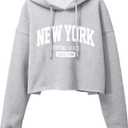 ORANDESIGNE Woman Letter Graphic Print Cropped Hoodie Long Sleeve Crop Fleece Casual Workout Loose Pullover Sweatshirt Tops (Medium, A New York Grey)