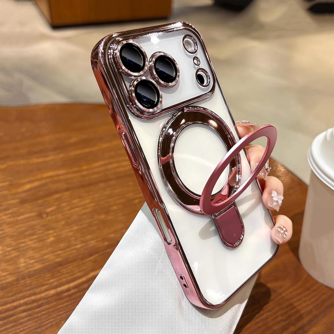LXK Magnetic Invisible Stand for iPhone 17 Pro Max Case 6.9" Compatible with MagSafe, Military-Grade Protection, with Camera Protector, Clear Scratch-Resistant Back Cover for 17 ProMax, Pink