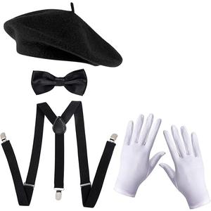 Kids Mime Artist Accessories 4Pcs with Beret Hat Suspender Scarf Gloves