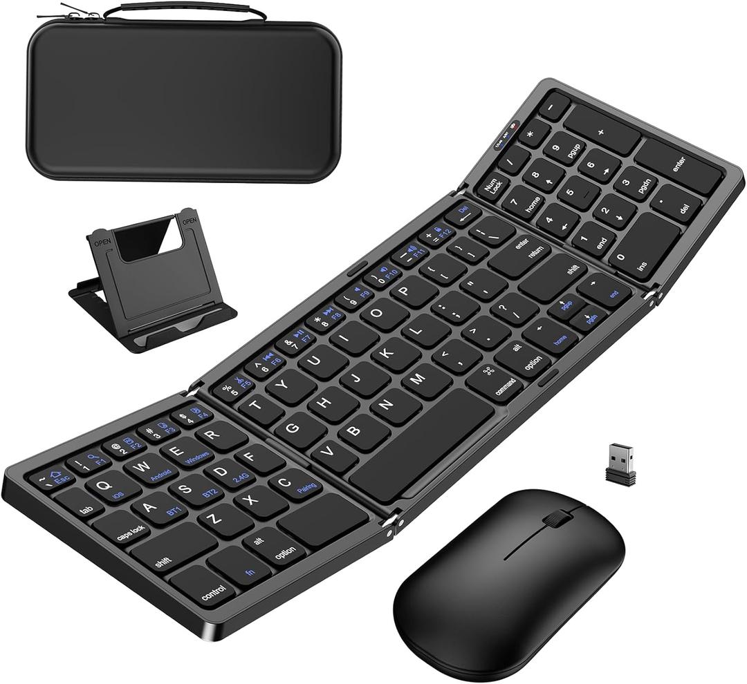 Foldable Keyboard and Mouse, Folding Wireless Keyboard Mouse Combo with Portable Case, Rechargeable 2.4G Wireless+Bluetooth Multi-Device Combo for Windows, iOS, Android, macOS PC/Laptop/Tablet