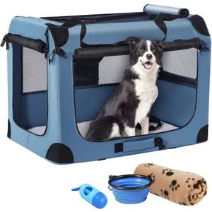 Petprsco Portable Dog Crate - 32"x23"x23" Collapsible Dog Travel Crate for Medium/Large Dogs with Soft Blanket, Foldable Bowl & Poop Bag Dispenser - Indoor & Outdoor Use (32x23x23 Inch, Blue)