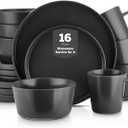 Stone Lain Celina Stoneware 16 Piece Dinnerware Set, Plates and Bowls, Black Matte Dish, Service for 4  Minimalist Round Style, Microwave & Dishwasher Safe