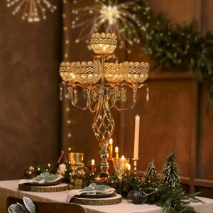 Elegant 5-Arm Candelabra Centerpiece with Crystal Pendants - 23.6 Inch Tall Table Centerpiece for Weddings, Parties, Home Decor for Mothers Day, Holidays & Special Occasions (Gold)