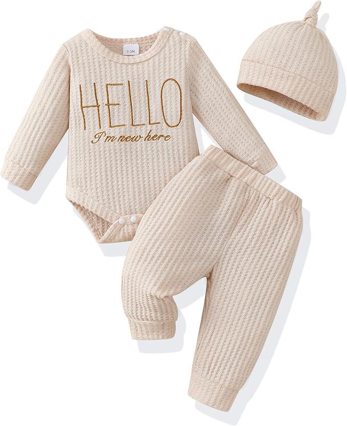 Renotemy Newborn Baby Boy Fall Clothes, Long Sleeve Letter Printed Rompers Plaid Pants Hat Outfits Clothing Set 0-18 Months, 12-18M