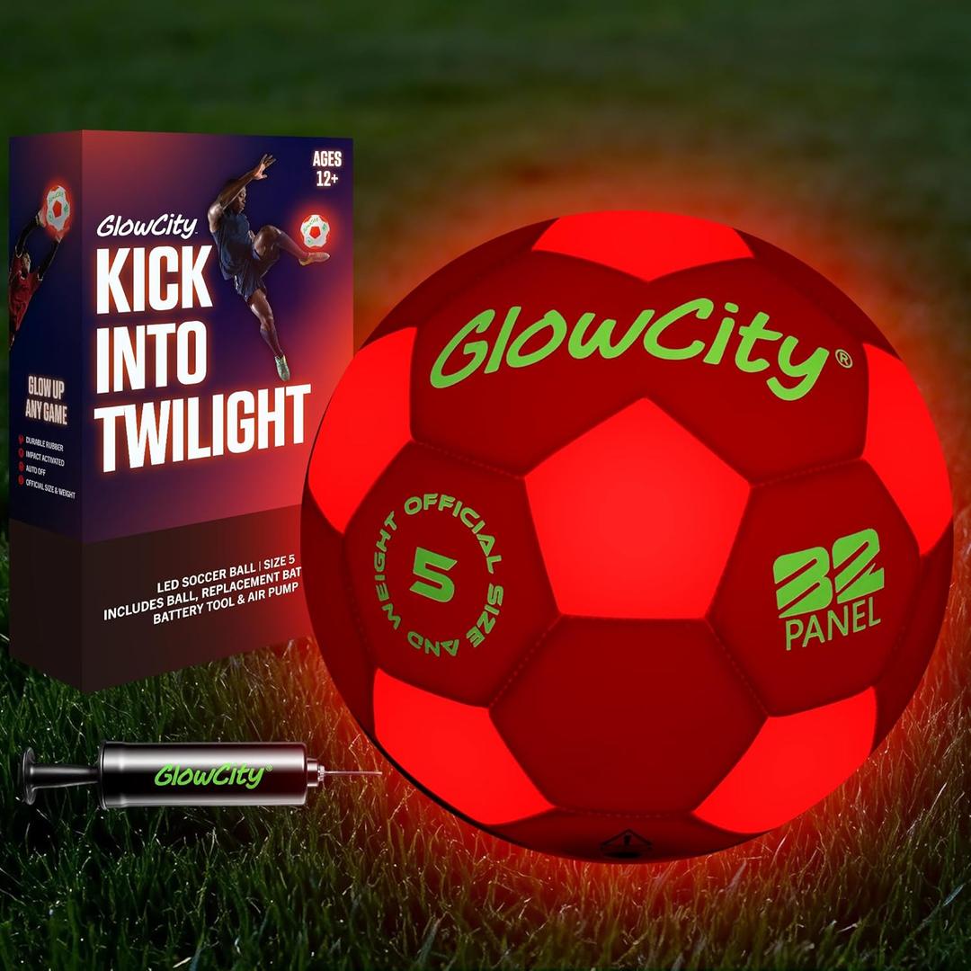 GlowCity Glow in The Dark Soccer Ball - Sizes 3, 4, 5 for Kids, Teens & Adults - Light Up Soccer Ball with 2 LED Lights - Sports Birthday Gifts Ideas for Boys & Teenagers Ages 6 7 8 9 10 11 12 13 14