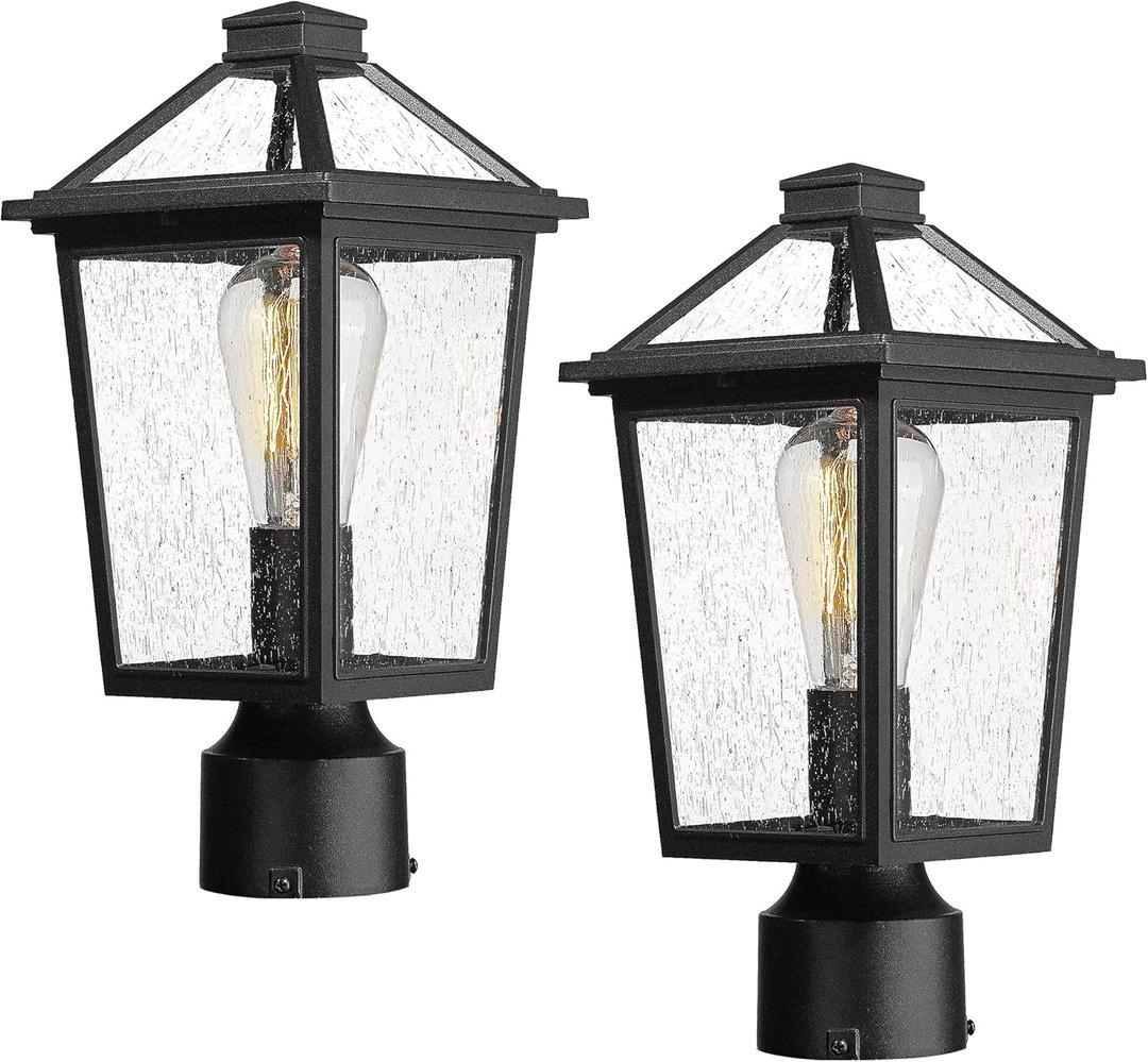 zeyu 2 Pack Outdoor Lamp Post Lights, Modern Farmhouse Exterior Post Lantern Light for Garden, Aluminum with Seeded Glass Shade, Black Finish, ZX58P-2PK BK