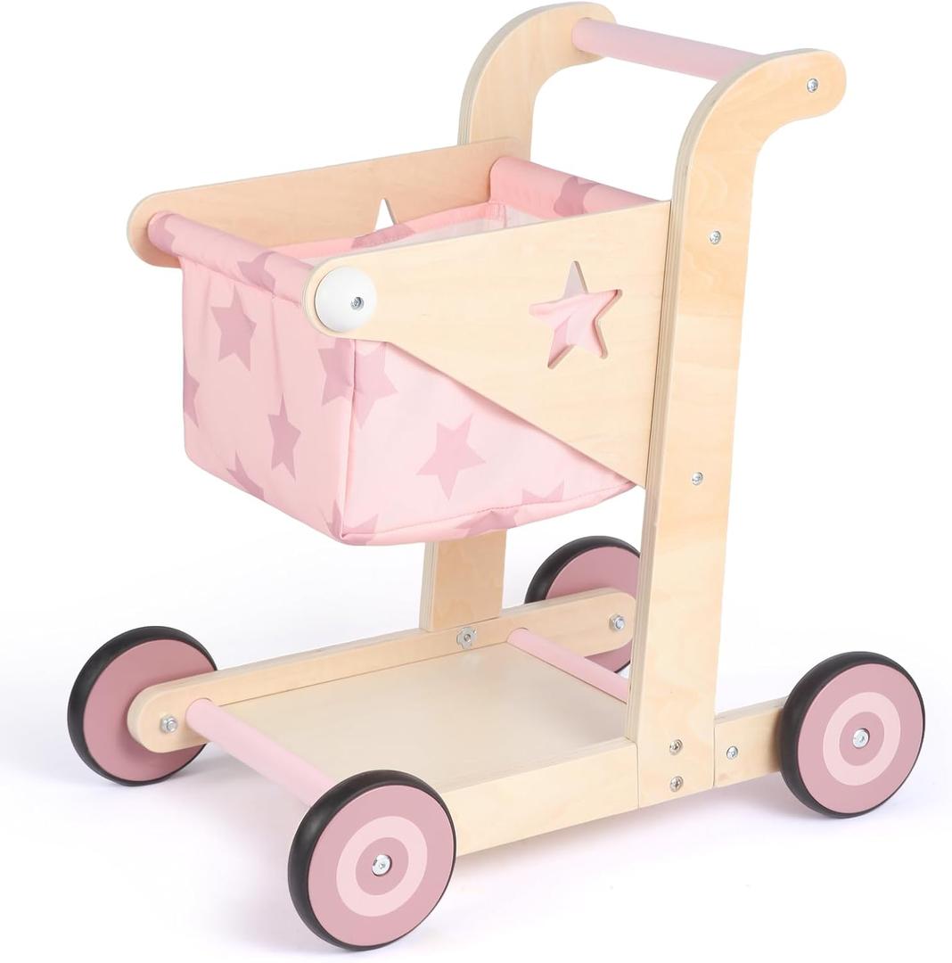 Asweets 2 in 1 Wooden Baby Walker Push and Pull Doll Stroller, Shopping Cart Learning Walker for Boys and Girls, Sit Stand Learning Toddler Toy (Pink)