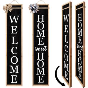 Outdoor 2in1 Welcome Sign for Front Porch Standing 45"X9" Long Vertical Leaner Tall Wood Framed Modren Rustic Farmhouse Large Home Sweet Home Signs Front Door For Outside Decor (Wood Black)